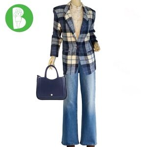 VINTAGE 1980'S INTRIGUING THREADS BLUE & WHITE COTTON BLEND PLAID BLAZER (S)